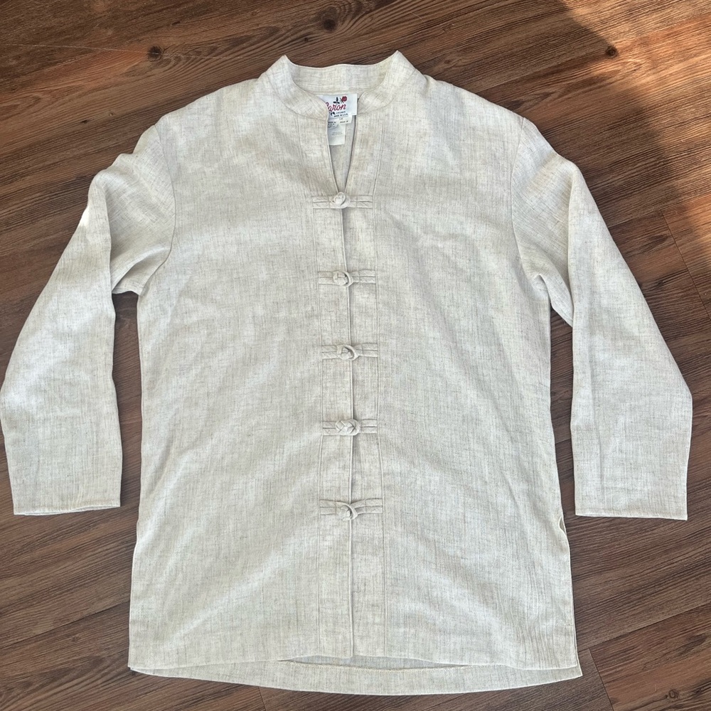 VTG Caron Women’s mandarin jacket frog button beige lightweight Chinese inspired